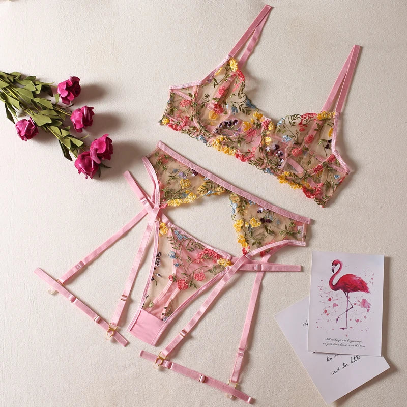 HIMEALAVO Lingerie Sensual Lace Underwear Transparent Embroidery 3-Piece Garters Fancy Beautiful Short Skin Care Kits Intimate