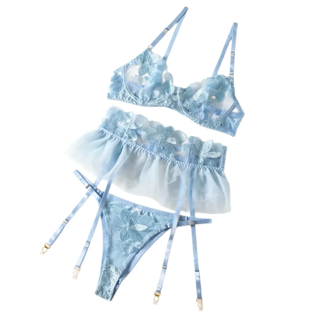 Yimunancy Lace Bra Set Women Transparent Mesh Patchwork Sexy Lingerie Set Floral Garter Brief Underwear Set