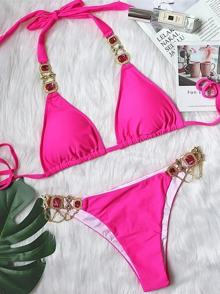 2025 Shiny Rhinestone Diamond Bikini Women Swimsuit Female Swimwear Two Pieces Bikini Set Halter Metal Chains Bathing Suit Swim