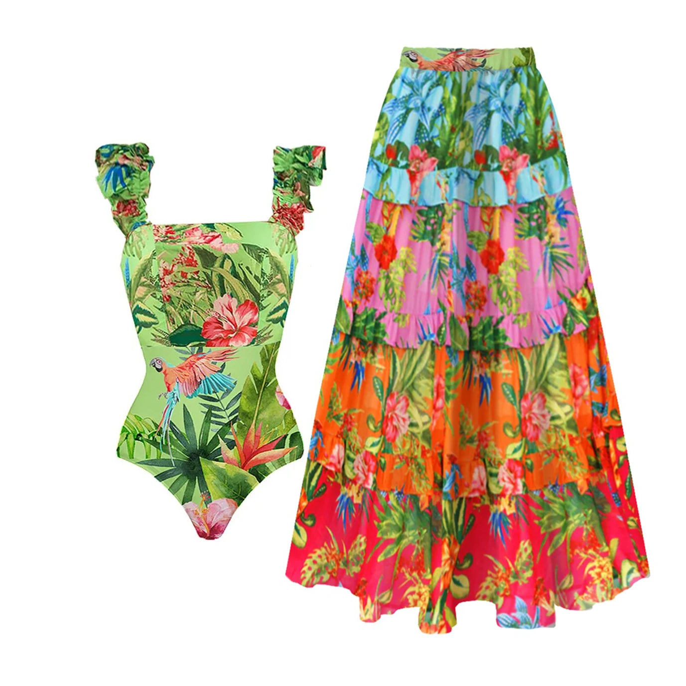 Printed Ruffle One Piece Swimsuit With Cover Up Sexy Swimwear Women Flat Belly Swim Suits Bathsuit Belt Bodysuit Beach Outing