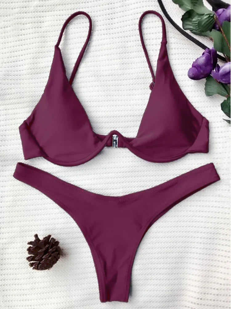 Sexy Neon V-bar Underwired Bikini 2025 Female Ribbed Swimsuit Women Thong Swimwear Two-pieces Bikini set Push up Bathing Suit