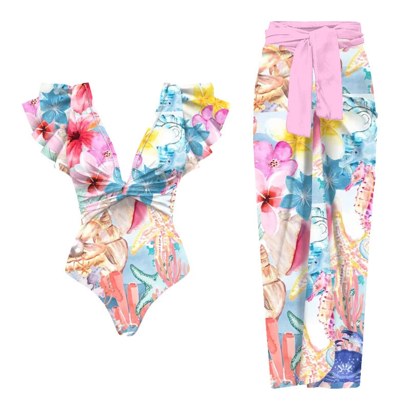 2025 New 2-Piece Shoulder Ruffle Swimsuit With Cover Up Sexy Women Swimwear Push Up Biquini Bathsuit Bodysuit Beachwear Dress