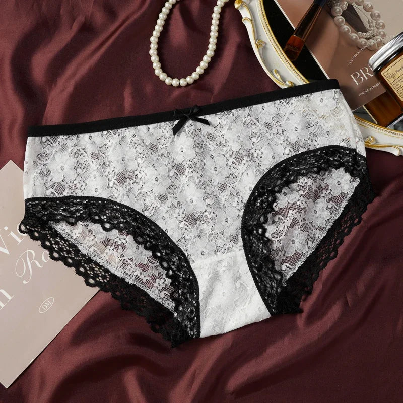 3 Pcs Sexy Lace Panties Seamless Low Waist Ultra-thin Transparent Bow Ladies Briefs Japanese Sweet Girl Panties L-XL