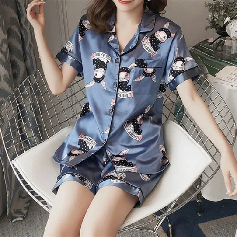 Satin Silk Pajamas Set for Women Cartoon Print Turn-down Collar Short Sleeve Top+Long Pants Matching Sets Homewear Plus Size 5XL