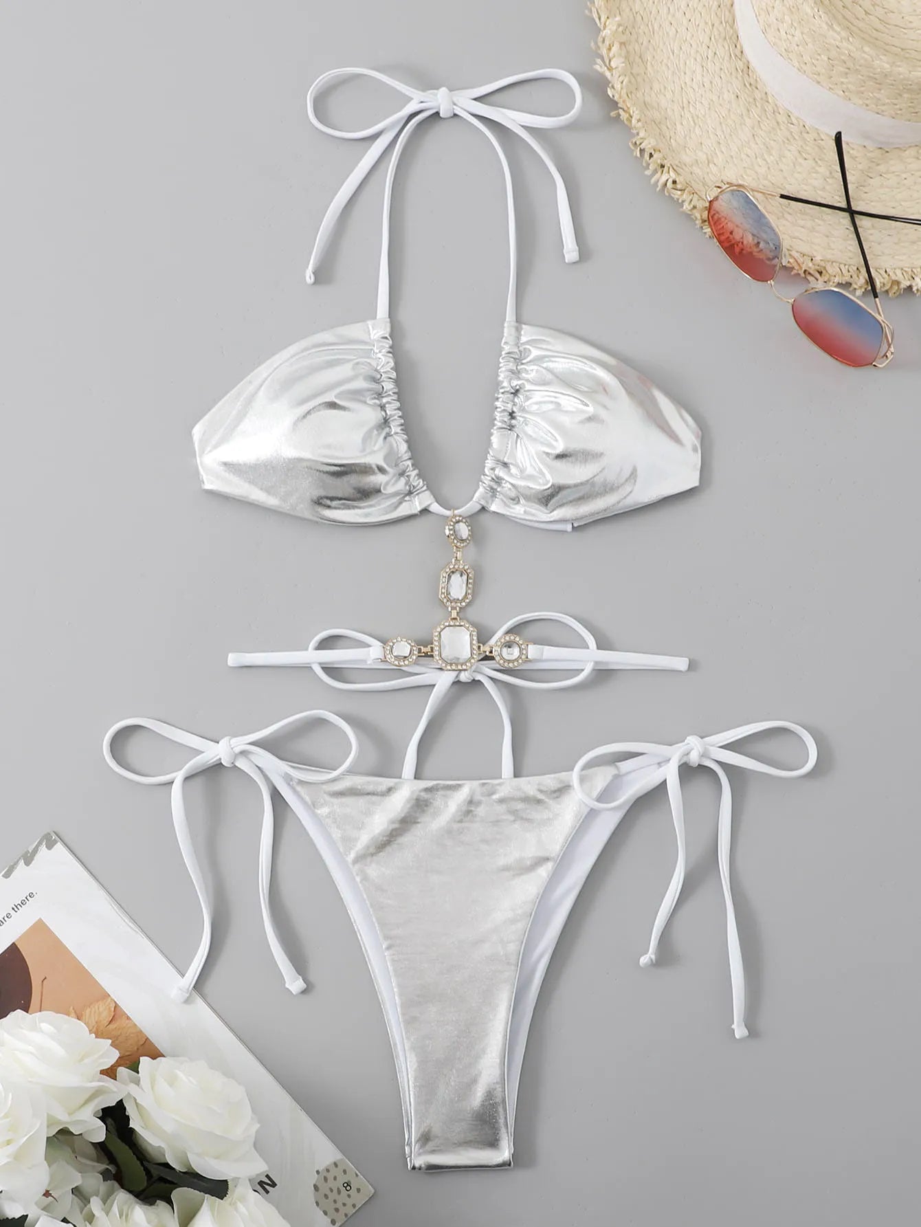 sexy metallic silver halter tie bikinis sets two pieces women thong bandage swimsuit female bathing suit swimwear biquini