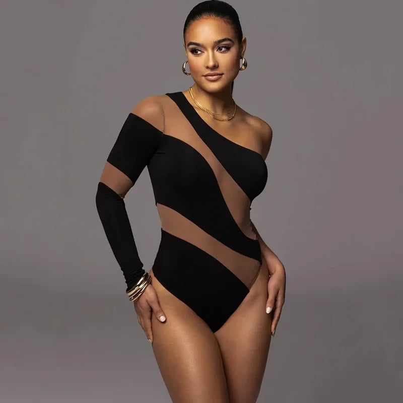 Sexy One Shoulder Transparent Swimwear Women Vintage Mesh Patchwork Tummy Control One Piece Swimsuit Beach Bathing Resort Suits
