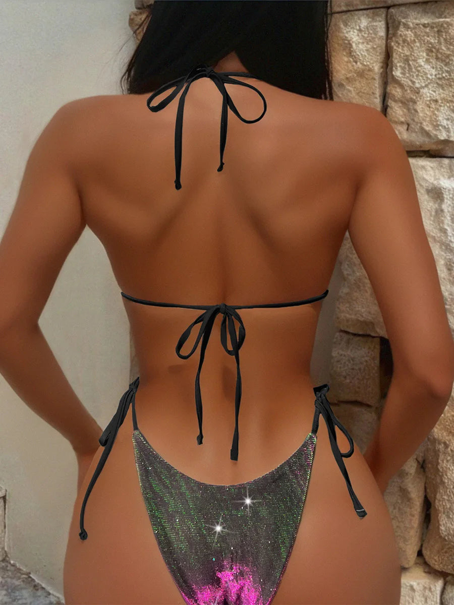 Sexy Shiny Gradient Purple Halter Strappy Bikini Female Swimsuit Women Swimwear Two-pieces Bikini Set Bather Bathing Suit Swim