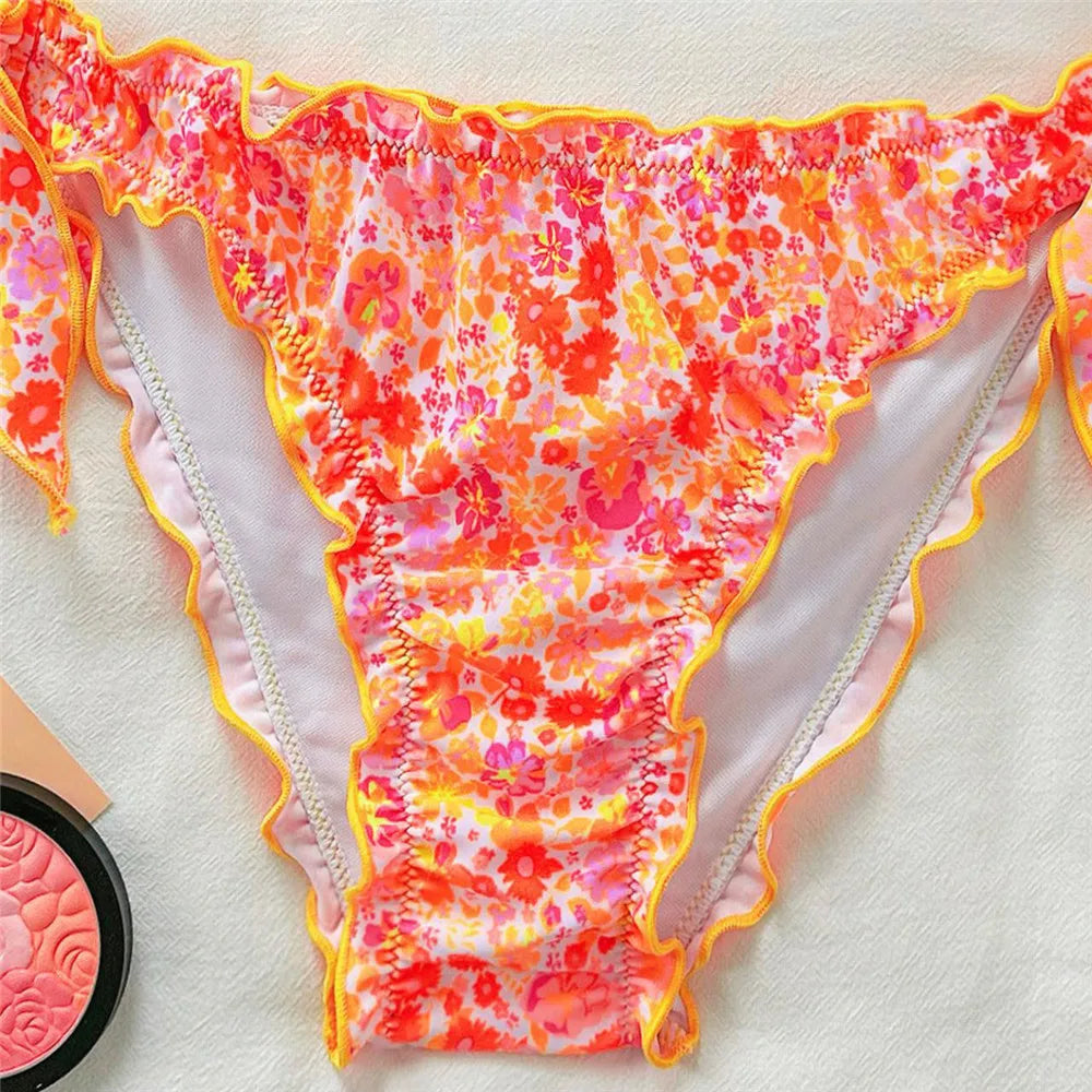 Orange Floral Print Halter String Triangle Bikini Ruched Edge Sexy Swimsuit Women 2026 Holiday Swimwear Bathing Suit Bikinis Set