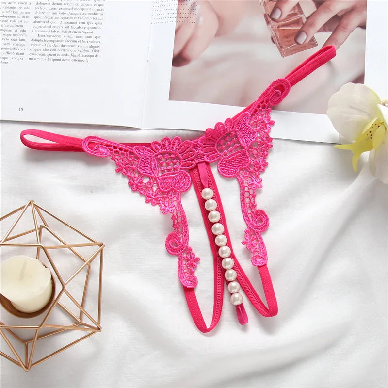 Women Sexy Underwears Female Transparent Hollow Out Temptation Pearl Massage Open File Thong Thin Perspective Embroider T-shaped