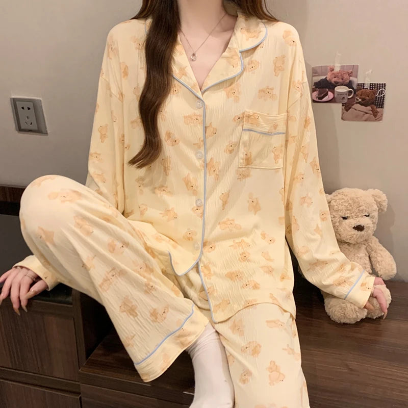 Pink Bow Tie Design Pajamas for Women Long Sleeve Top & Elastic Waist Pants Pajamas Set Harajuku Style Casual New Home Wear
