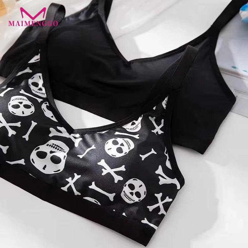 Skull Print Cotton Women's Bra Black Underwear, Sexy Seamless Comfortable Underwear Daily/Party Wear Without Steel Ring Bra