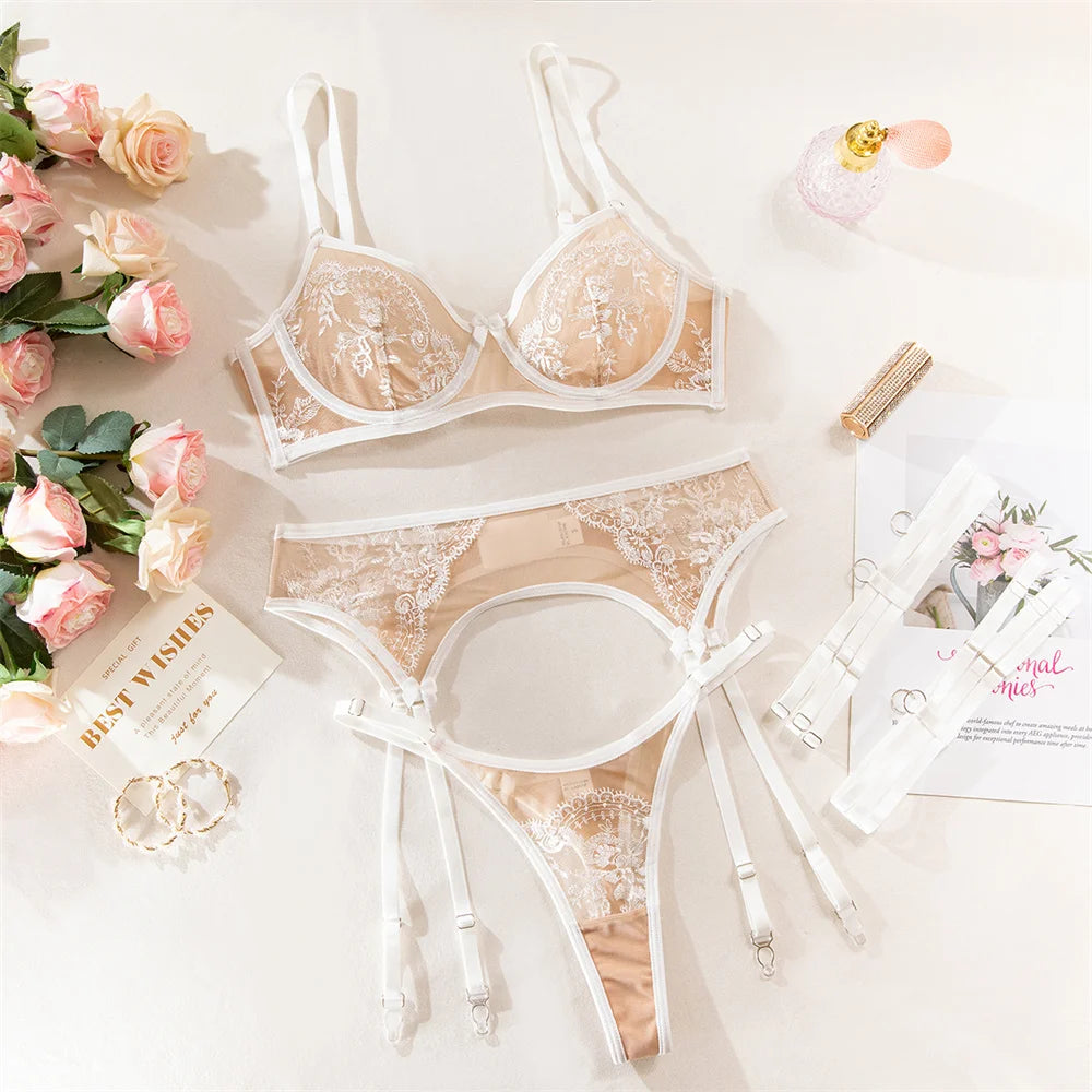 Krasapt Romantic White Flower Embroidery Lingerie 4 Pcs Sets Fancy Mesh Sheer Bows Bras And Thongs Suits Sexy Erotic Fairy Set