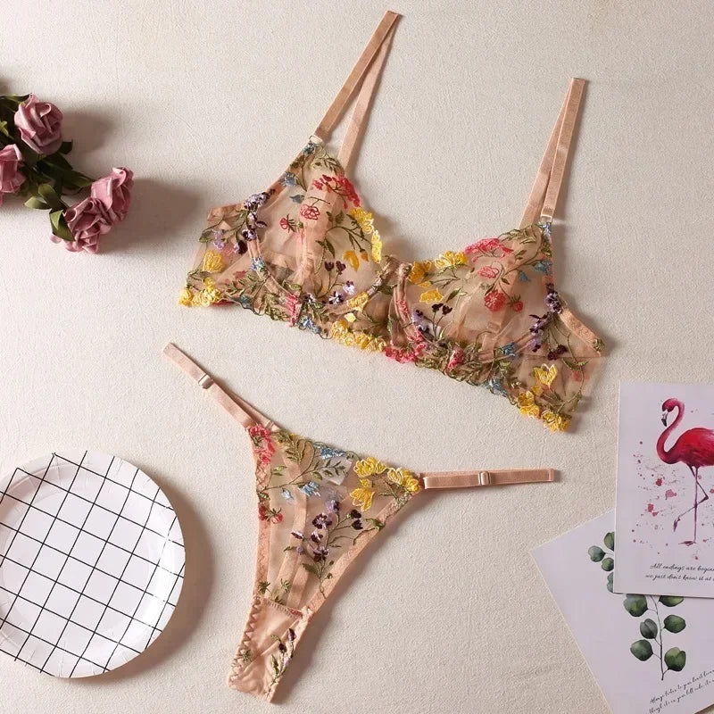 2025 Floral Embroidery Lingerie Set Women Sheer 2-Piece Boho Bra + Panty Underwear Set Intimates