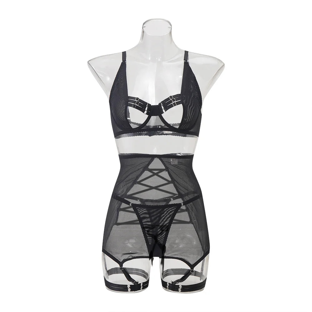 MUZISKAT Summer Sizzler new women's sexy strappy see-through mesh lingerie four-piece set