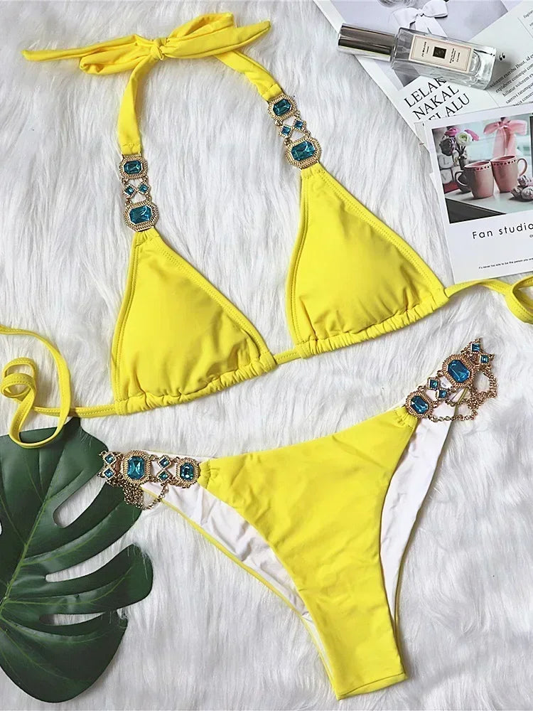 2025 Shiny Rhinestone Diamond Bikini Women Swimsuit Female Swimwear Two Pieces Bikini Set Halter Metal Chains Bathing Suit Swim
