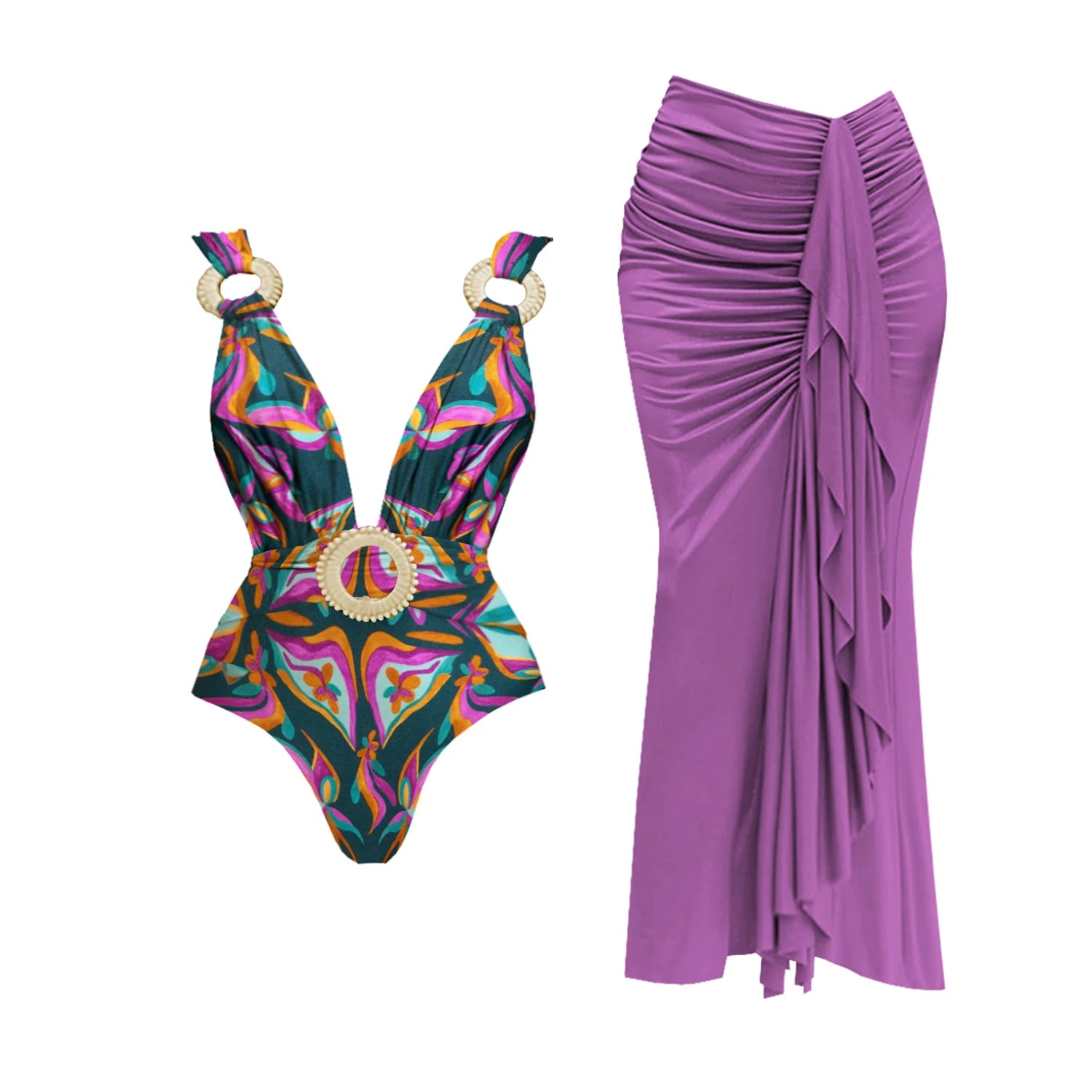 2Pcs Deep V One Piece Swimsuit Sexy Women Swimwear 2025 Shiny Star Bikini High Waist Biquini Female Swim Suit Bodysuit Beachwear