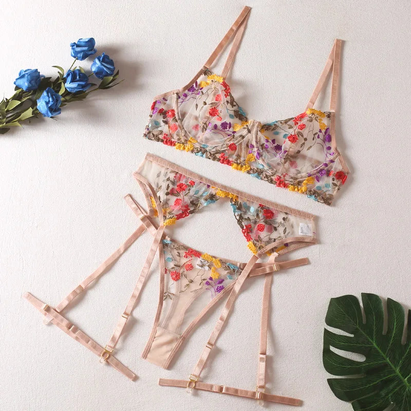 Brskbzda Lingerie Sensual Lace Underwear Transparent Embroidery 3-Piece Garters Fancy Beautiful Short Skin Care Kits Intimate