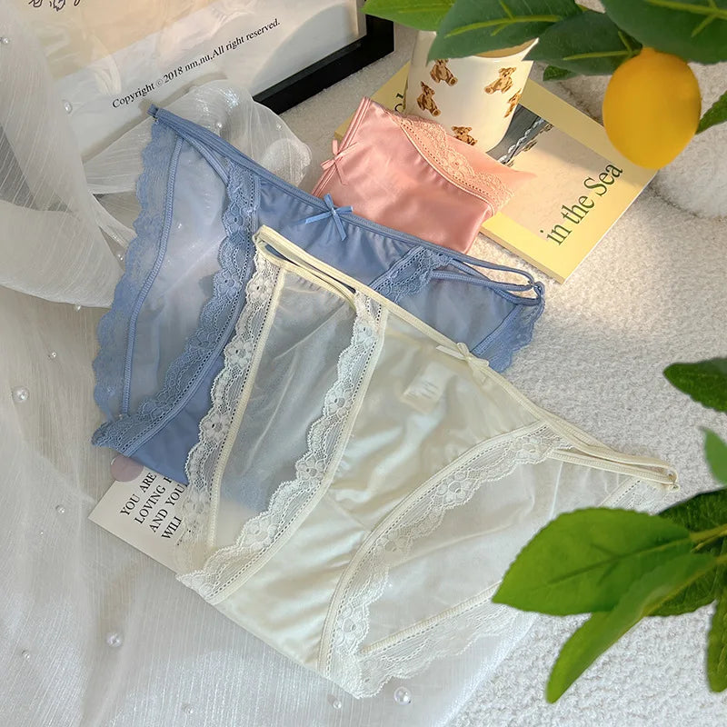 \Women Sexy Lace Mesh Transparent Satin Thin Adjustable Belts Underwear Cute Seamless Breathable Quick Drying Panties Breifs