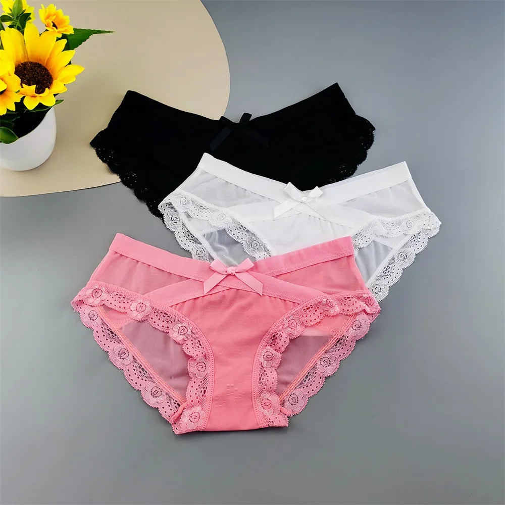 3 Pieces Hot Comfortable Mesh Briefs Women Sexy Seamless Lace Trim Underwear Cute Bow Ladies Breathable Briefs Plus Size