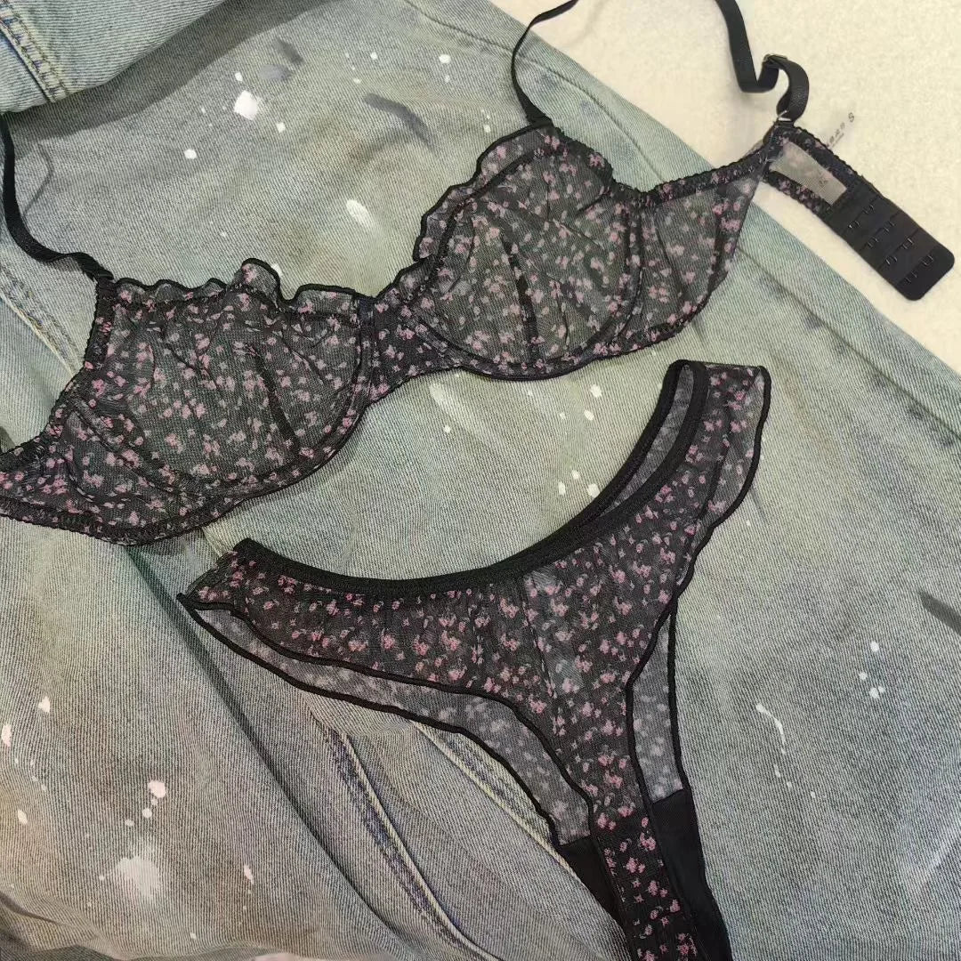 Fashion Floral Prints Women Lingerie Set Fashion Sexy Lace Bra French Ultra Thin Breathable Intimates Bralette Soft Underwear