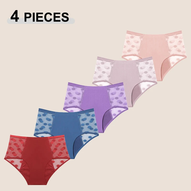 4Pcs/Set Absorption Leakproof Menstrual Period Briefs Seamless Lace Polka Dot Breathable Physiological Underwear Female Lingerie