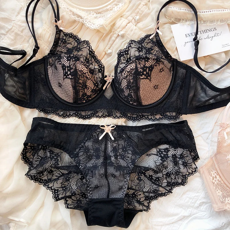 New Women Lingerie Set Sexy Lace Push Up Bra French 3/4 Thin Cup Bralette Cute Bow Decoration Underwear Comfort Bras Briefs Sets
