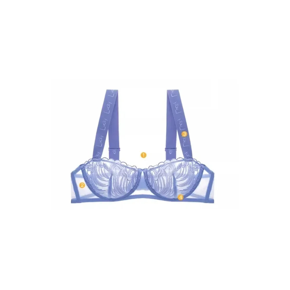 MOYISU French Lucky Blue Lace Bra & Panty Set - Sheer Half Cup Bralette, Ultra Thin Sexy Lingerie for Women, Romantic Underwear