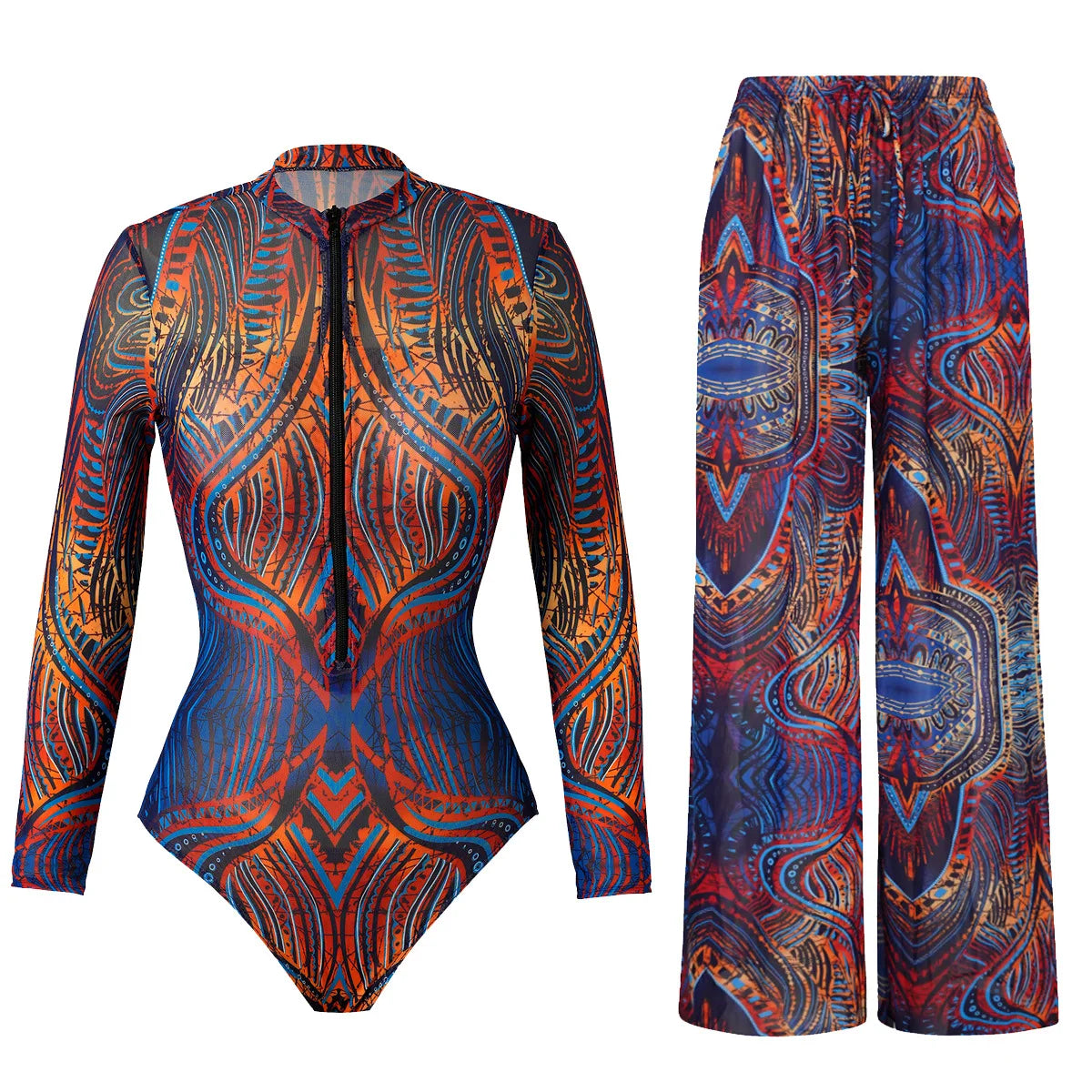 2025 Mesh Swimsuit with Long Sleeves Sexy One Piece Slimming Bathing Suit with Skirt & Long Pants Bodysuit Smart Beach Clothes