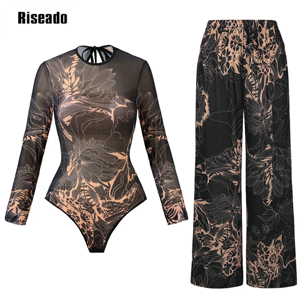2025 New Trend Mesh Swimwear Women's Sheer Sexy High Waist Surfing One Piece Suit with Pants & Skirt Swimdress Smart Woman
