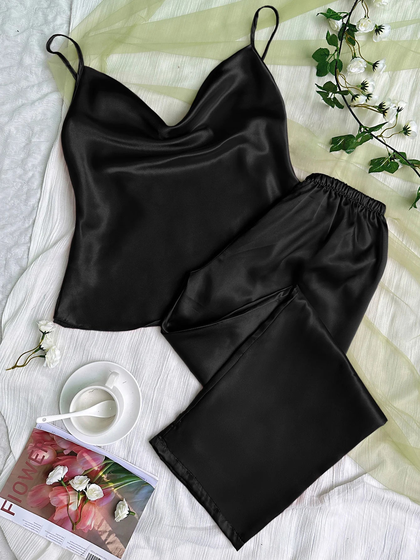 Solid Satin Pajama Set Draped Collar Cami Top Elastic Waistband Pants Women's Sleepwear Loungewear