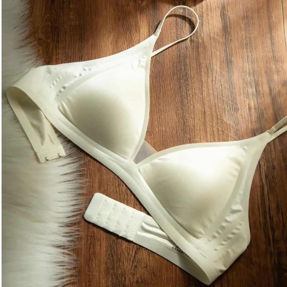 Milk Satin French Deep V-neck Bra Wire Free Soft Support Seamless Bra Backless Design Adjusted Straps Small Chest Bra