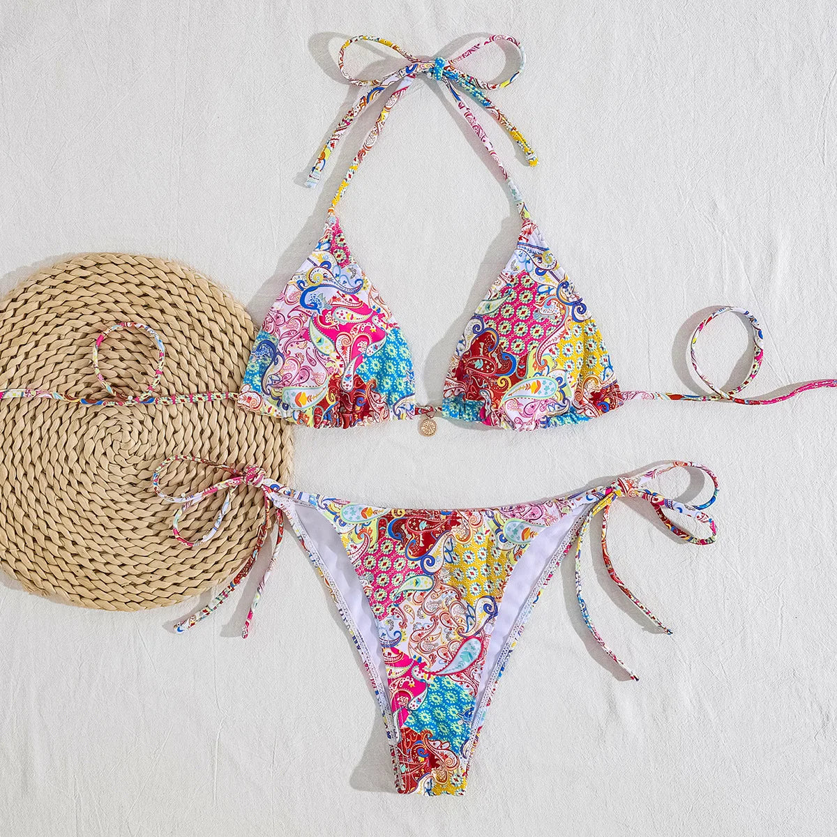 2025 New Women's Bikini Set Adjustable Tie Side Bandage Swimwear High-End Sexy Two-Piece Bathing Suit Summer Beach Push Up
