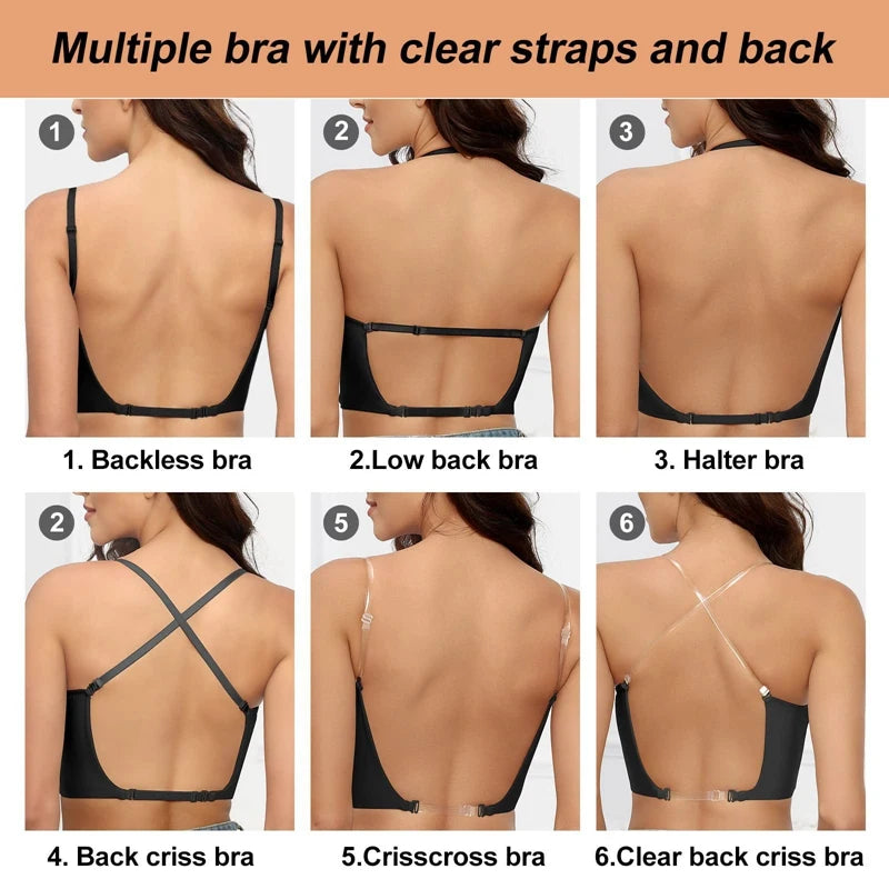 Women Invisible Bra Deep U Plunge Bras Backless Top for Dresses Sexy Lingerie with Transparent Strap Push Up Strapless Underwear