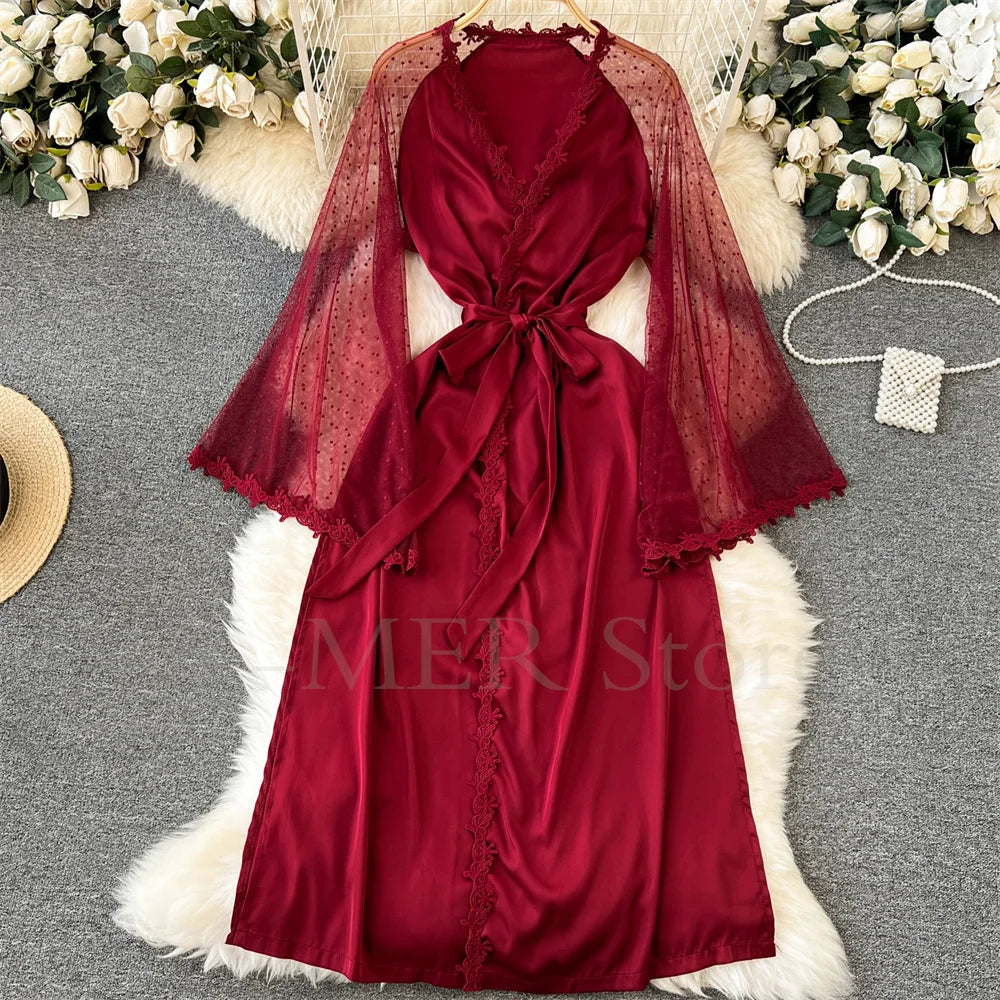 Sexy Embroider Edge Lady Kimono Bathrobe Dress Gown Mesh Sleeve Wedding Long Robe Sleepwear Loose Silk Satin Nightwear Lingerie