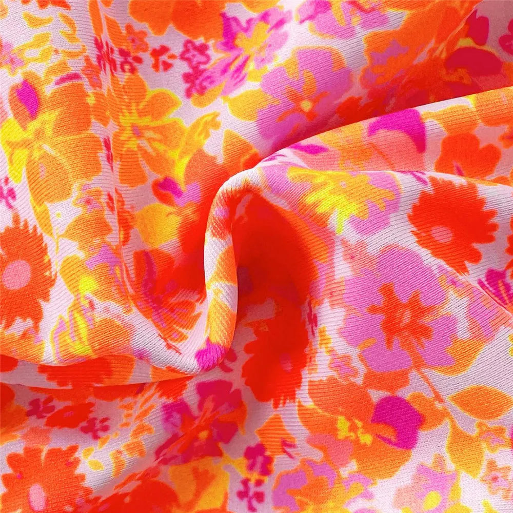 Orange Floral Print Halter String Triangle Bikini Ruched Edge Sexy Swimsuit Women 2026 Holiday Swimwear Bathing Suit Bikinis Set