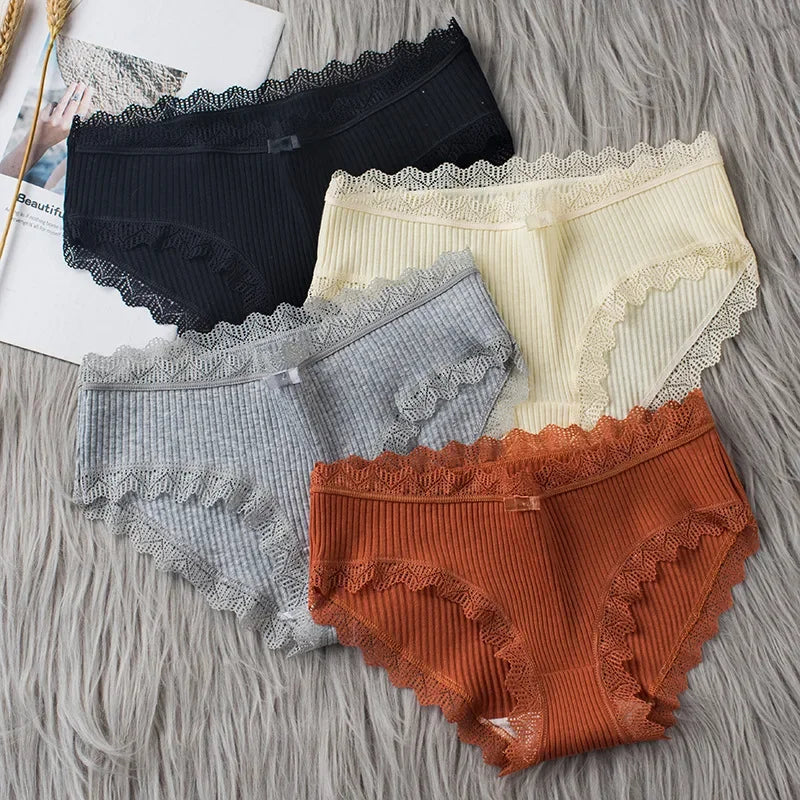 Cotton Sexy Lace Mid Waist Underwear Threaded Brief Solid Color Skin Friendly Ladies Underpant Breathable Fashion Casual Panties