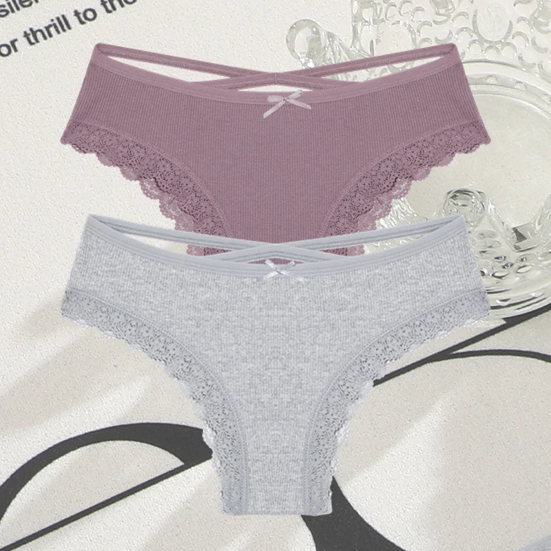 2PCS Cotton Panties for Women Sexy Lace Brazilian Briefs Female Low-Waist Cross Webbing Underpants Stretch Breathable Intimates