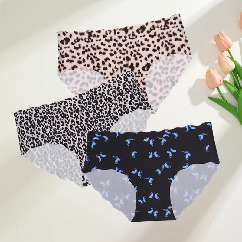 FINETOO 3Pcs Seamless Print Underwear for Women Sexy Leopard Butterfly Briefs Female Ice Silk Panties Comfortable Lingerie S-XXL