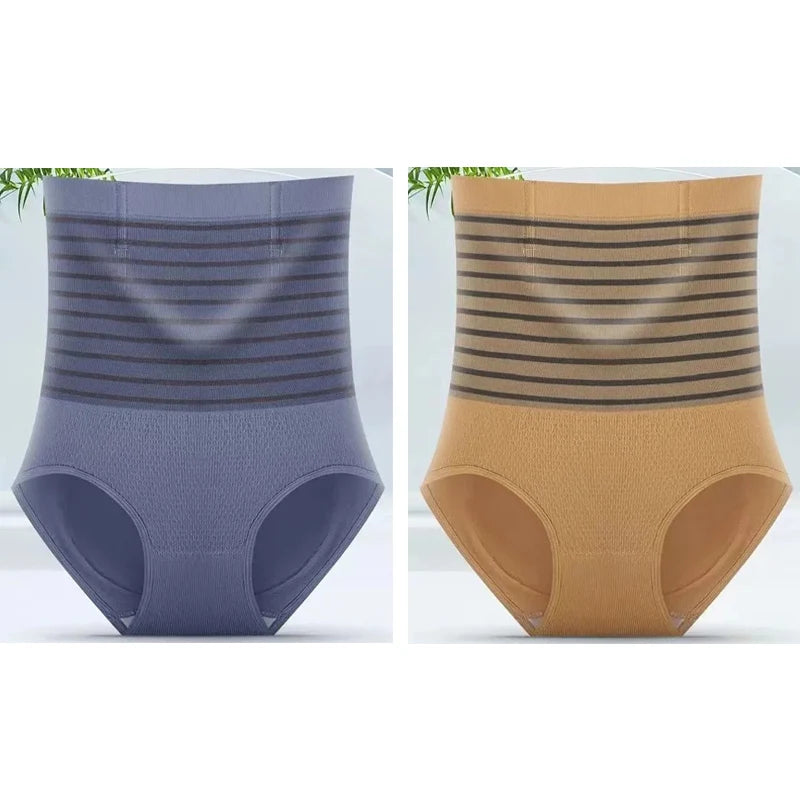 2pcs Women No Trace High Waist Shaping Briefs Body Shaper Slimming Underwear Butt Lifter Control Panties Stripe Shapewear Pants
