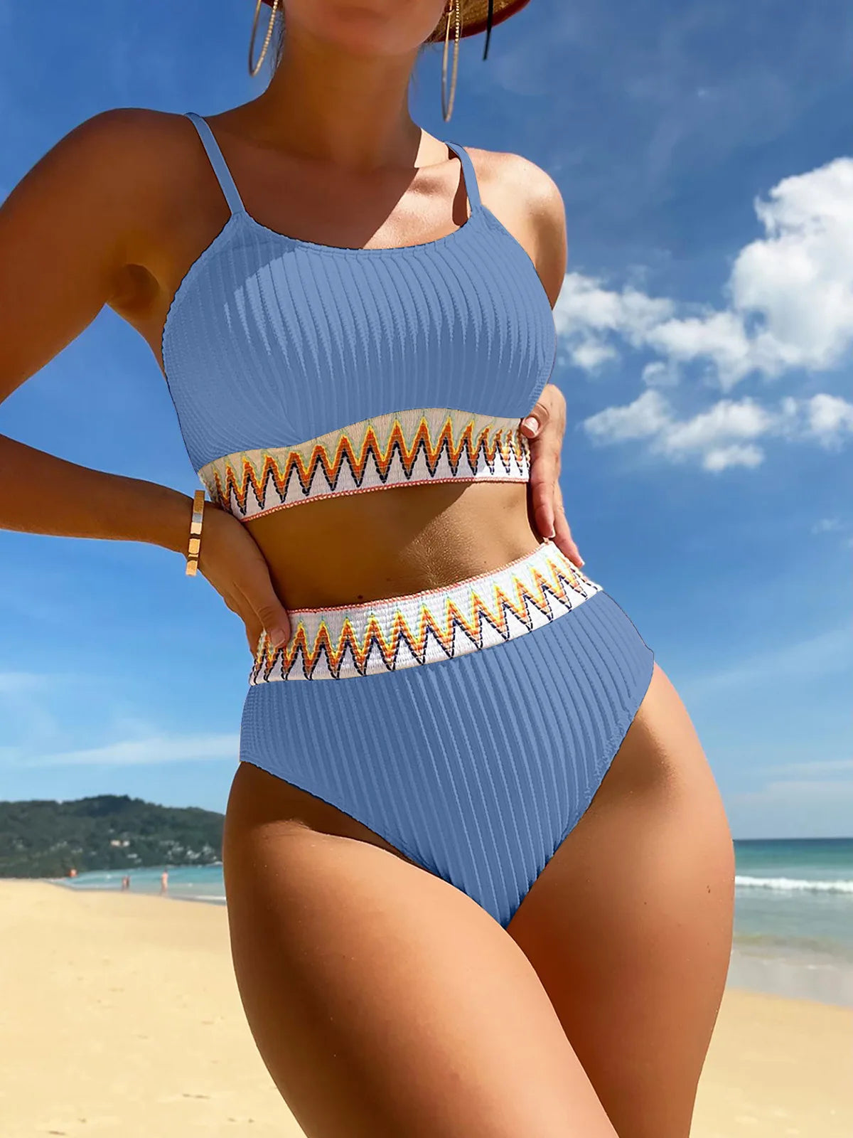Women High Waisted Bikini Sets Color Block Swimsuits 2 Piece Bathing Suits Tummy Control Sporty Teens
