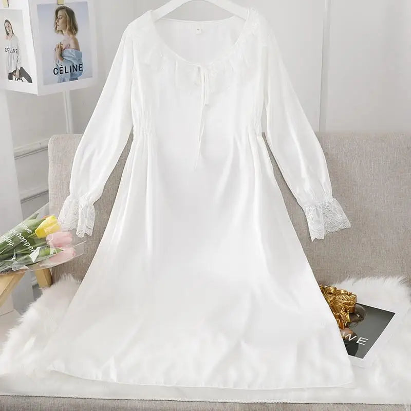Female Long Nightdress Sexy Hollow Lace Sleepwear Home Dress Palace Style Princess Nightgown Nightwear Casual Satin Loungewear