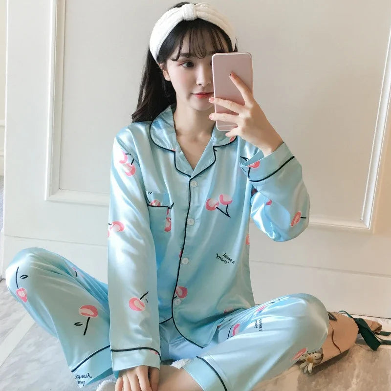Satin Silk Pajamas Set for Women Cartoon Print Turn-down Collar Short Sleeve Top+Long Pants Matching Sets Homewear Plus Size 5XL