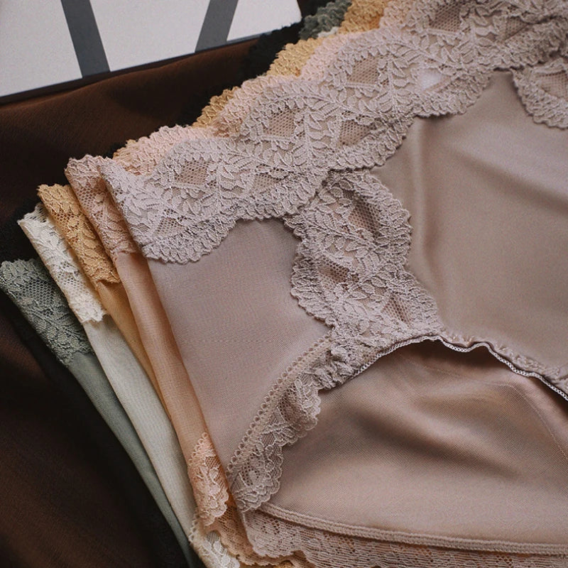 Women Luxury Lace Exquisite Sexy Mesh Transparent Satin Panties Elasticity Breathable Middle Waist Underwear Embroidery Breifs