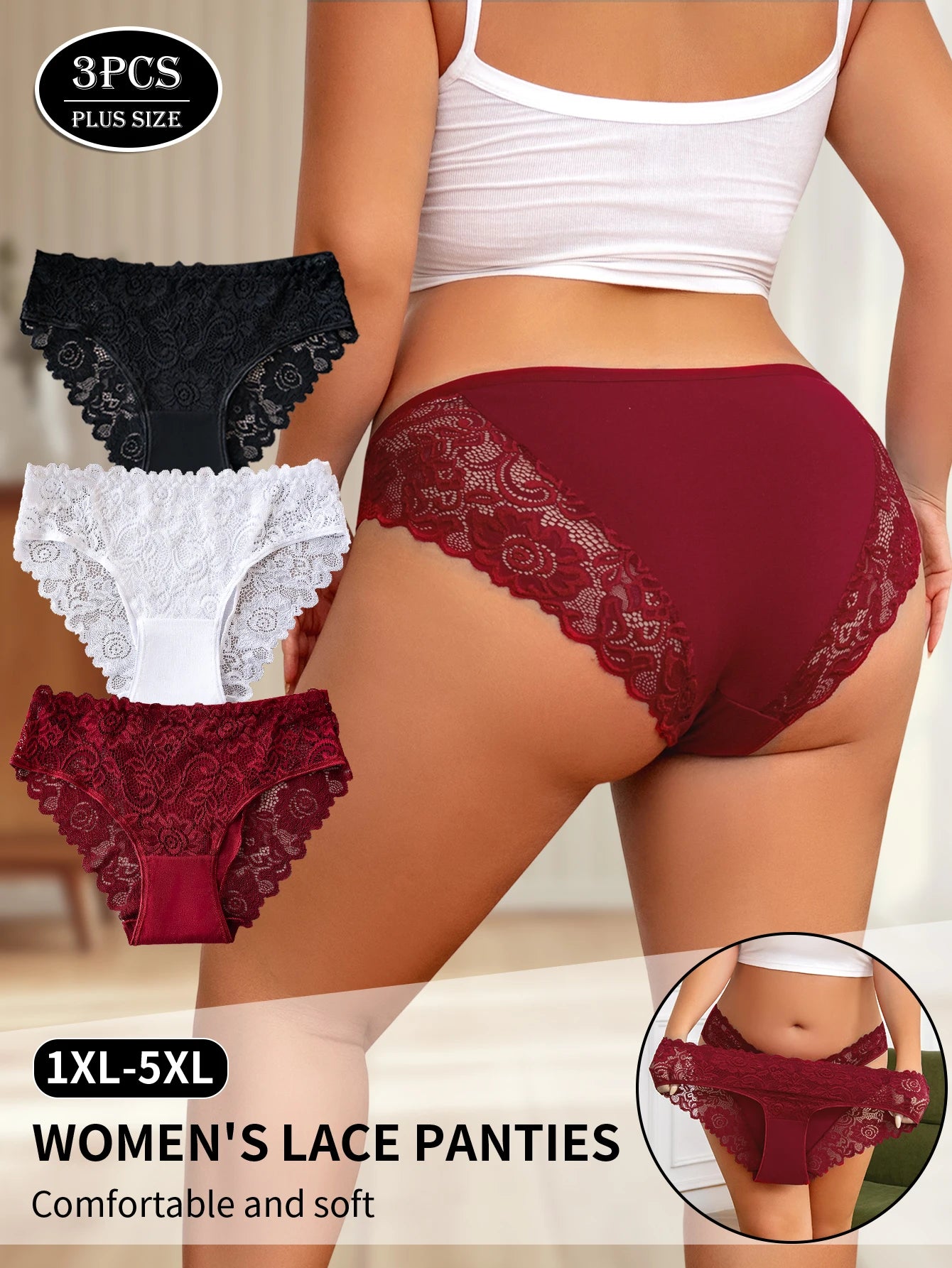 3PCS Plus-Size Women's Underwear Elegant Lace Floral Trimmed Panties Ladies Solid Color Hollow Sexy Briefs Lingerie Hot Sales