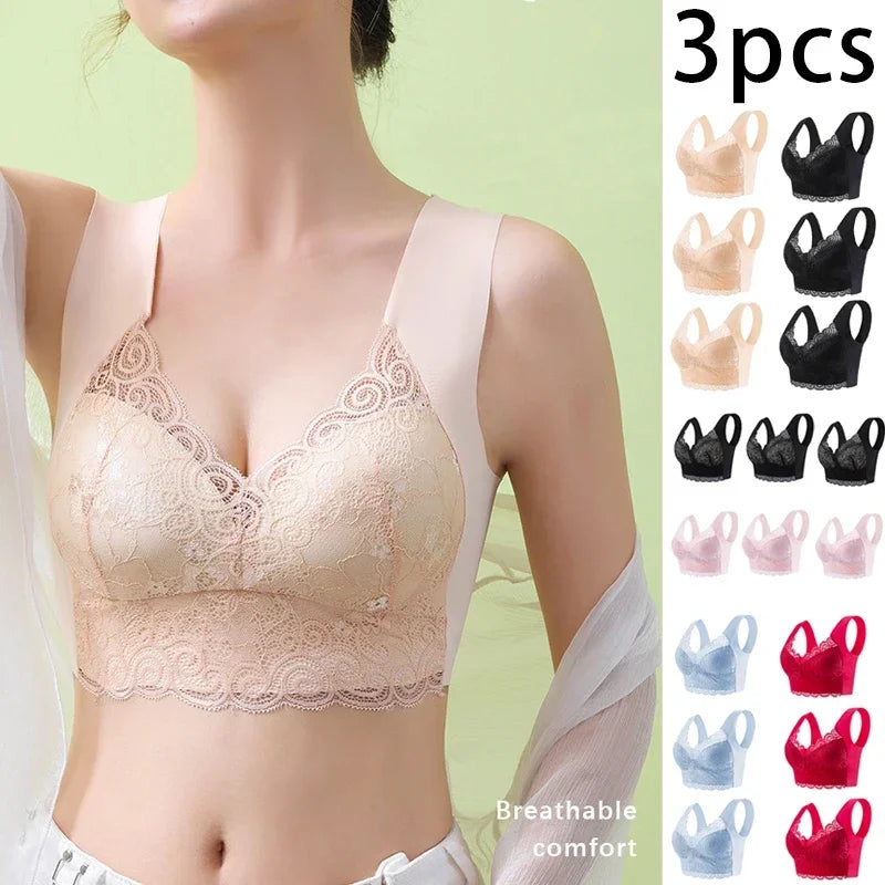 3pcs Ice Silk Seamless Lace Bra Top Support Underwear No Steel Ring Comfortable Large Size Bra Vest Bralette
