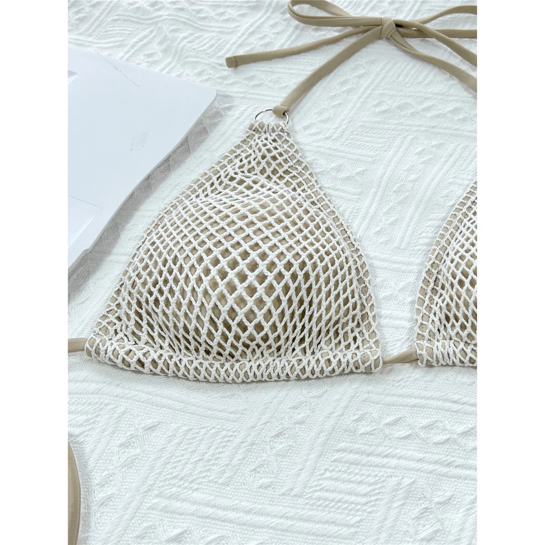 Sexy Halter Mesh Fish Net Brazilian Bikini Female Swimsuit Women Swimwear Two-pieces Bikini set Bather Bathing Suit Swim K3680
