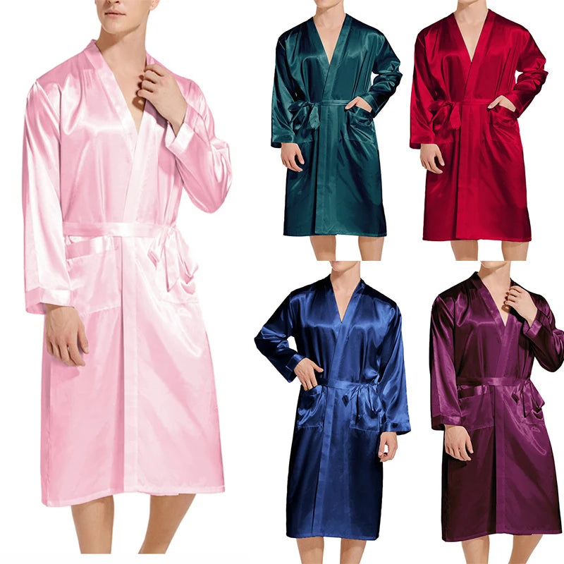 Summer New Men Solid Color Kimono Robe Satin Bathrobe Gown Summer New Sleepwear Loose Pijamas De Hombre Ice Silk Peignoir Homme