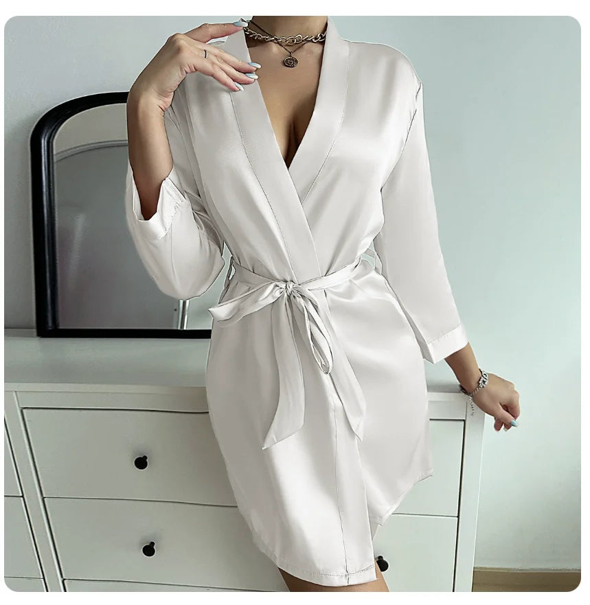 Women's Short Kimono Robe Silky Satin Bathrobe Bride Bridesmaids Getting Ready Sleepwear Soft Nightgown