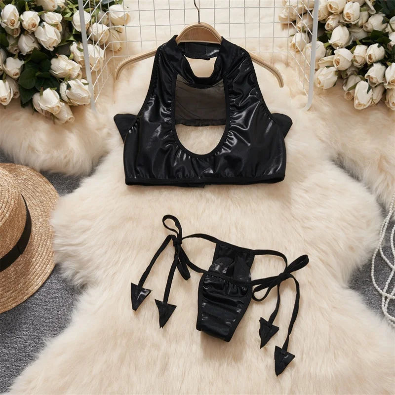 Women Strap Hollow Out Backless French Style Striped Erotic Playsuits Cosplay Slim Fit Underwear Black Lingerie Sexy Bodysuits