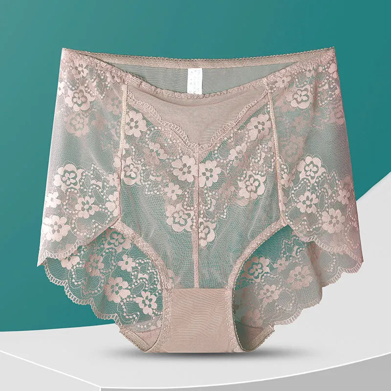 Women High Waist Plus Size Panties Sexy Lace Mesh Floral Transparent Briefs Fashion Underpants Lingerie Seamless Underwear